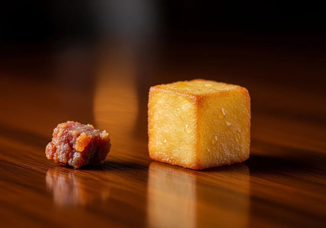 Extreme close-up of crispy golden potato cube with crunchy exterior and crumbled sausage piece on dark wood