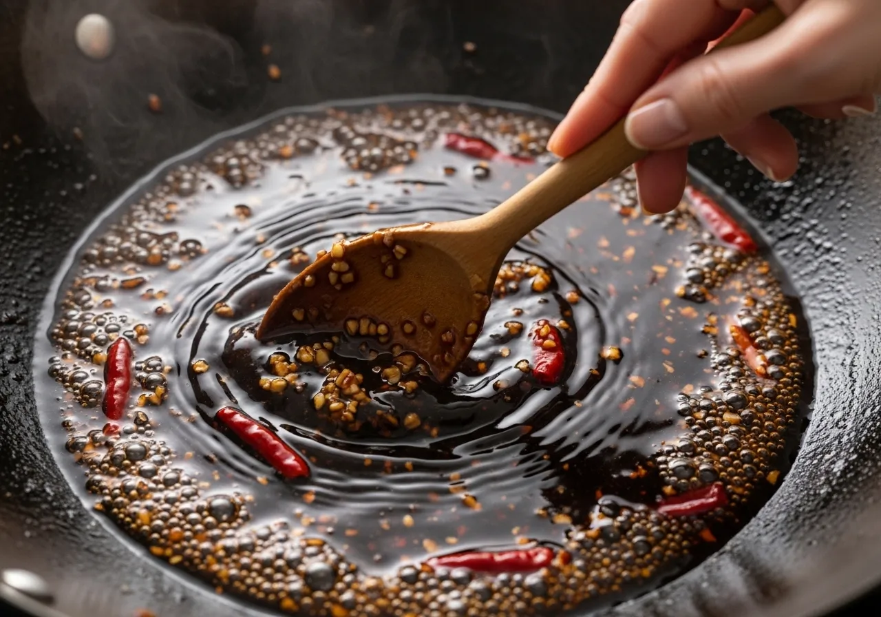 Dark glossy sauce simmering in a wok with garlic and red pepper flakes while a human hand stirs with a wooden spoon