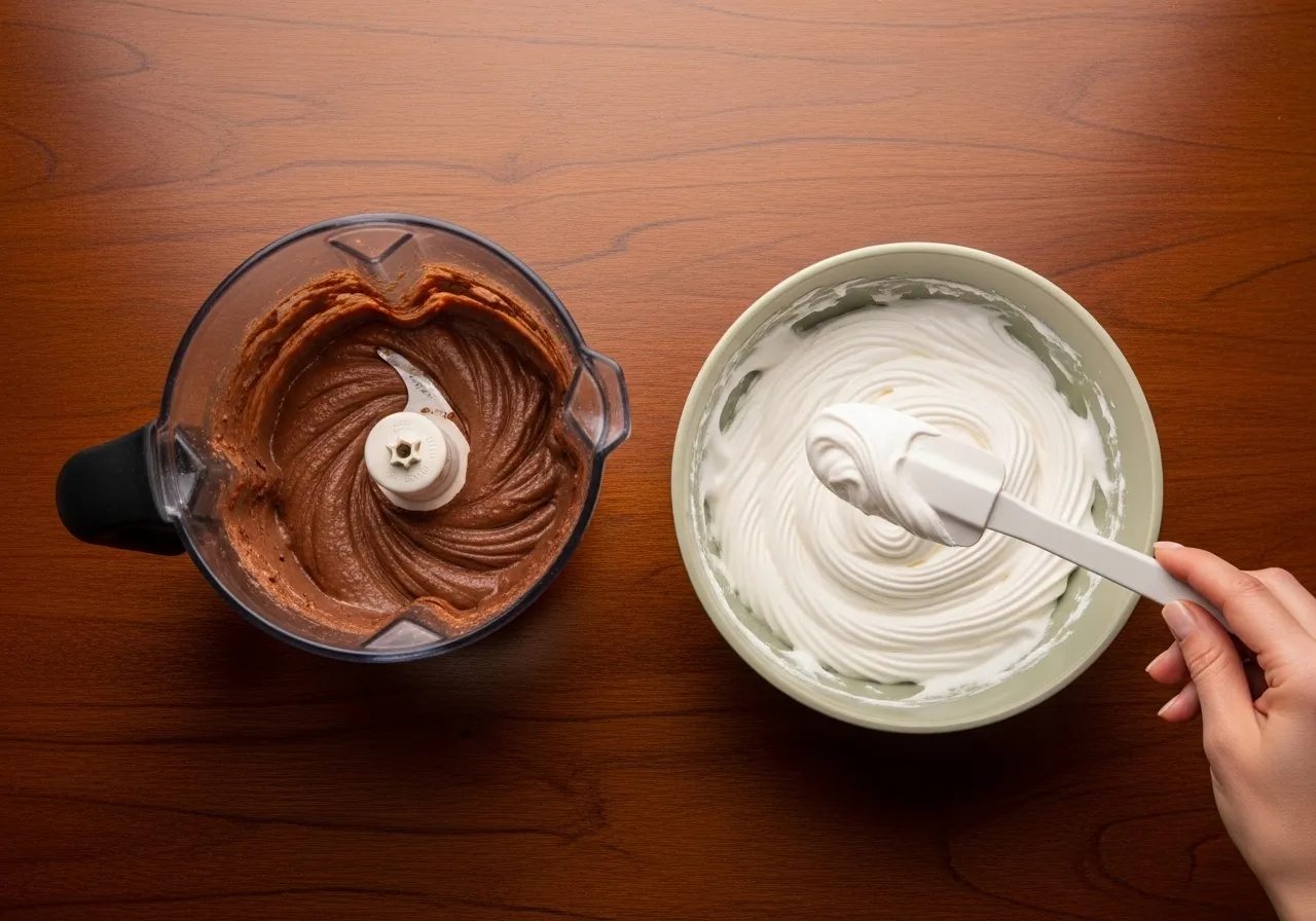 Step two of guilt free chocolate mousse preparation on dark wood table showing blender with smooth chocolate mixture and separate bowl of whipped aquafaba with soft peaks, human hand holding spatula