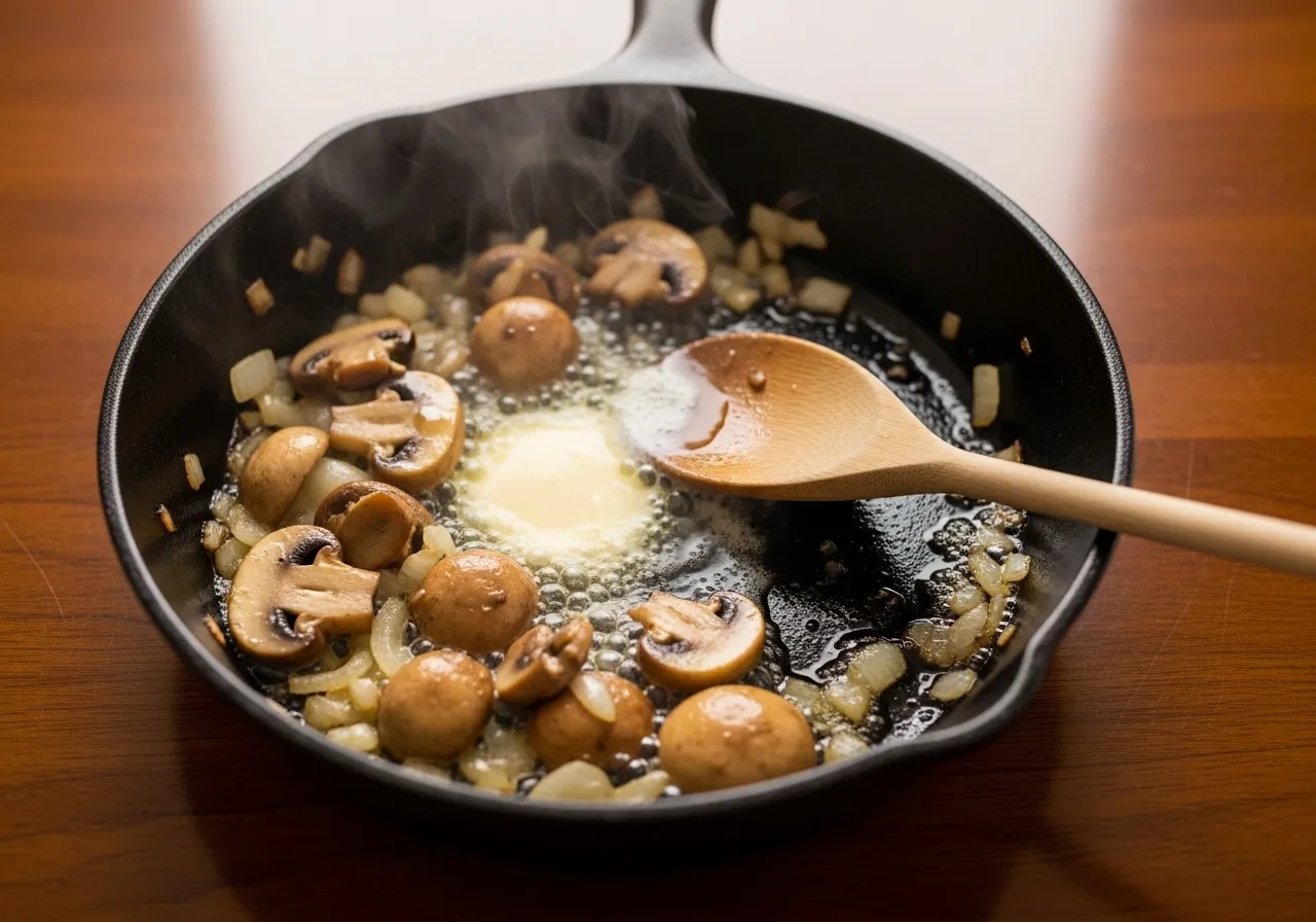 Golden brown mushrooms and onions cooking in butter inside a skillet, steam rising lightly, wooden spoon resting in the pan, no hands visible.
