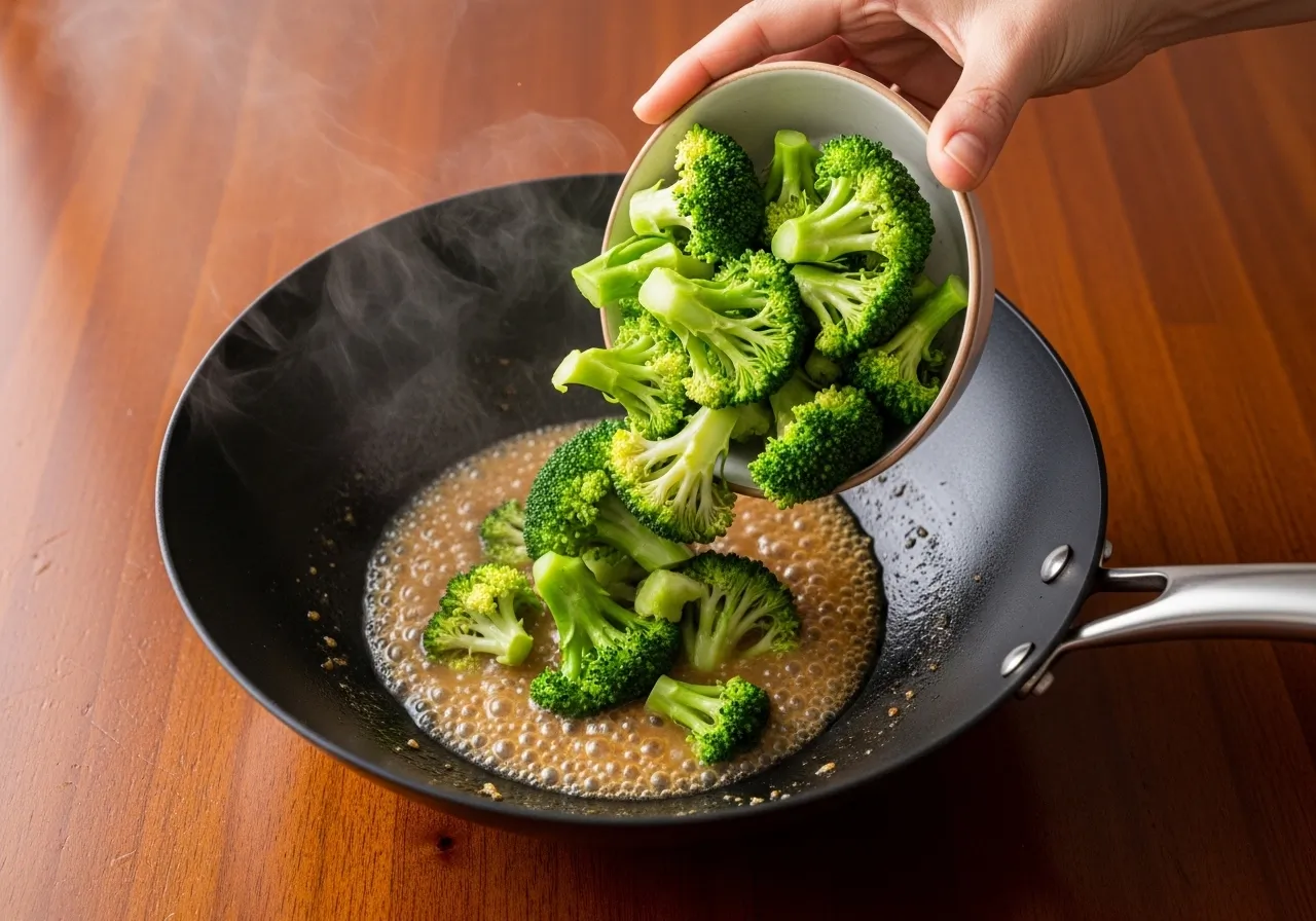 A human hand tipping bright green blanched broccoli florets from a small bowl into a wok with simmering sauce.