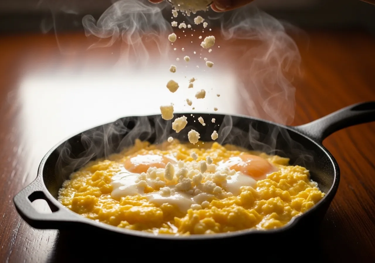 Crumbled cotija cheese being sprinkled over hot scrambled eggs in skillet with steam rising