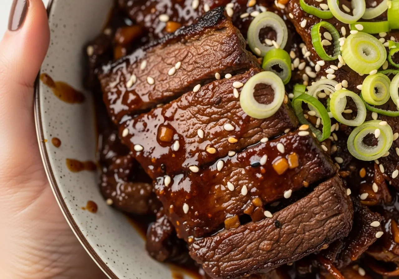 Extreme close-up texture shot of glossy Mongolian beef with crispy edges and sauce droplets with a human hand holding the bowl