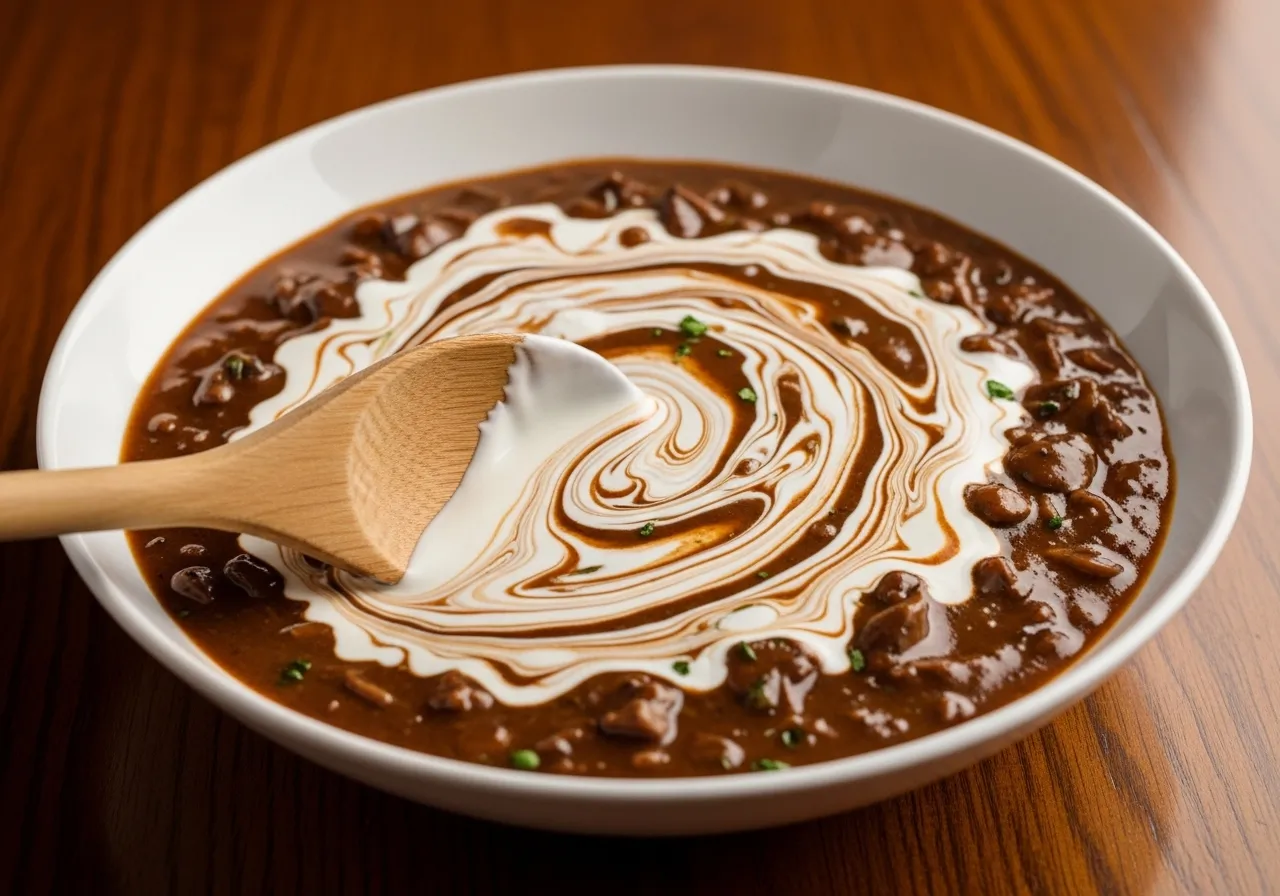 A wooden spoon swirling sour cream into the brown stroganoff sauce, creamy white swirls mixing with dark gravy, final texture forming, no hands.