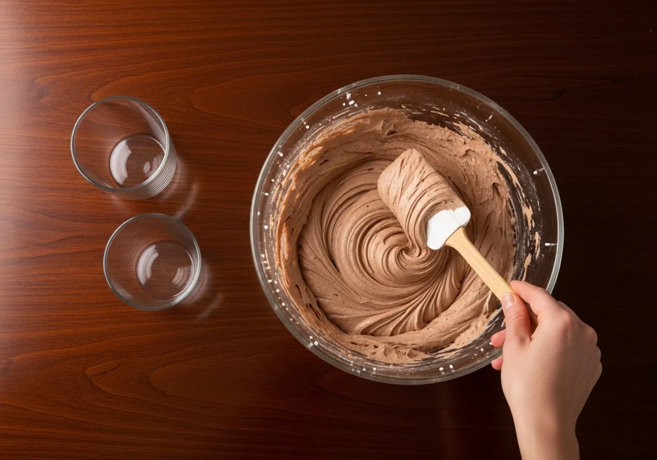 tep three of guilt free chocolate mousse preparation on dark wood table showing large bowl with final folded mousse mixture smooth and airy, human hand holding spatula showing texture, two empty glass cups waiting