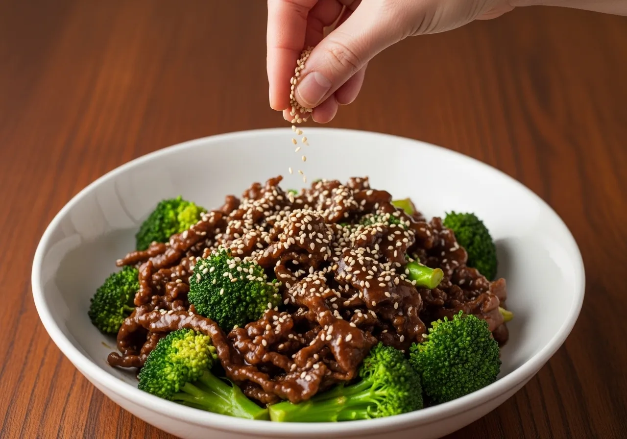 A human hand pinching white sesame seeds between fingertips, sprinkling them over the finished Beef and Broccoli.