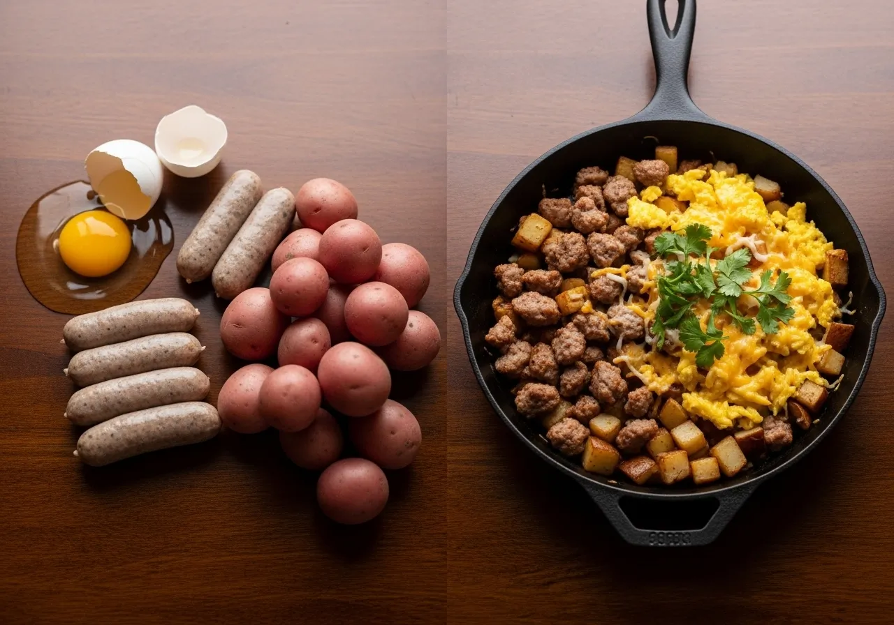 Split scene showing raw ingredients on left and fully cooked breakfast taco filling on right in skillet