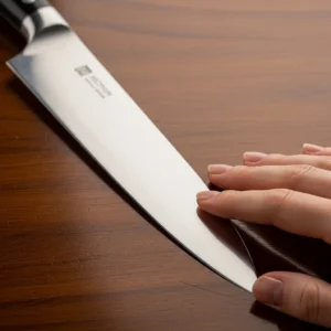 Sharp chef's knife resting next to raw flank steak strips with a human hand nearby on a dark wood table