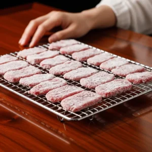 Wire cooling rack with cornstarch-coated beef strips and a human hand visible in the background