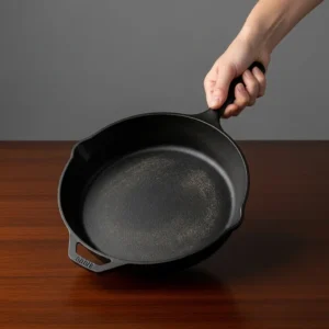 A human hand gripping the handle of a seasoned black cast iron skillet, the empty interior showing light seasoning marks, ready for cooking.