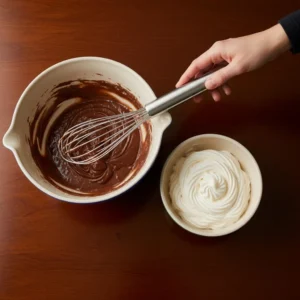 Two ceramic mixing bowls on dark wood table one with chocolate base mixture and one with whipped aquafaba, balloon whisk resting, human hand holding whisk