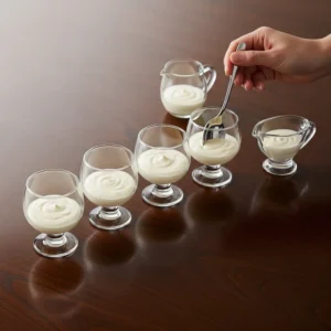 six elegant clear glass serving cups in a row on dark wood table with small pitcher nearby, human hand holding spoon beside cups about to scoop