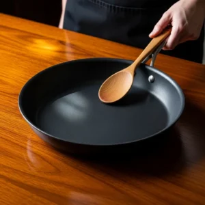 Large nonstick skillet on dark wood table with wooden spoon for cooking breakfast tacos filling