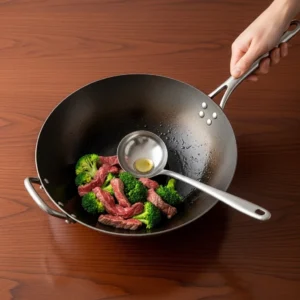 A seasoned carbon steel wok with a ladle resting inside on a dark wood table, a human hand holding the handle.