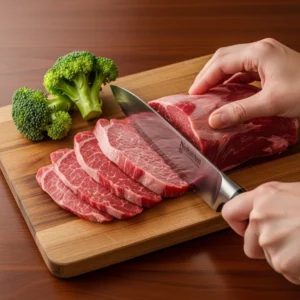 A sharp chef's knife on a wooden cutting board with raw flank steak slices, a human hand gripping the knife.