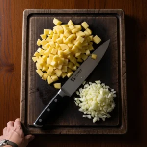Wooden cutting board with chef's knife, diced potatoes, and chopped onion for breakfast tacos