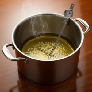 Heavy-bottomed pot with shimmering hot oil and thermometer for frying fish