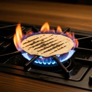Corn tortilla being charred directly over open gas flame for authentic Texas breakfast tacos