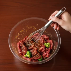 A glass mixing bowl with raw sliced beef in marinade and a small whisk on the rim, a human hand holding the whisk.