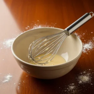 Wire whisk and ceramic mixing bowl with batter droplets for fish taco coating