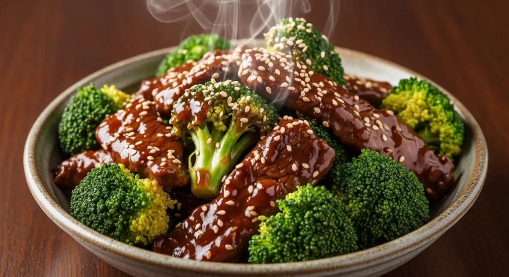 Close-up of freshly prepared Beef and Broccoli in a rustic bowl with rich glossy sauce and steam rising, vibrant green broccoli and dark caramelized beef.