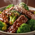 Close-up of freshly prepared Beef and Broccoli in a rustic bowl with rich glossy sauce and steam rising, vibrant green broccoli and dark caramelized beef.