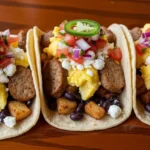Three high-protein breakfast tacos on dark wood table with scrambled eggs, crispy potatoes, turkey sausage, and cotija cheese