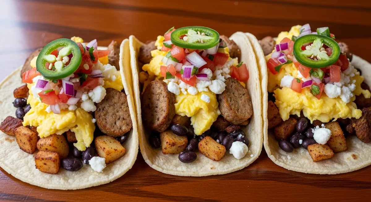Three high-protein breakfast tacos on dark wood table with scrambled eggs, crispy potatoes, turkey sausage, and cotija cheese
