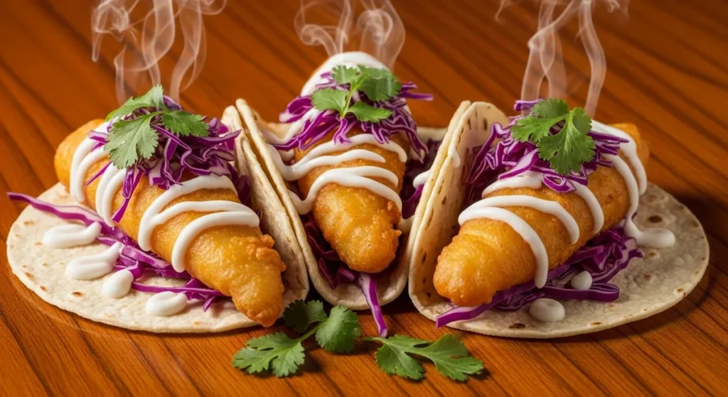Three crispy Baja fish tacos with creamy white sauce and purple cabbage on polished wood table