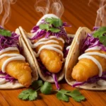 Three crispy Baja fish tacos with creamy white sauce and purple cabbage on polished wood table