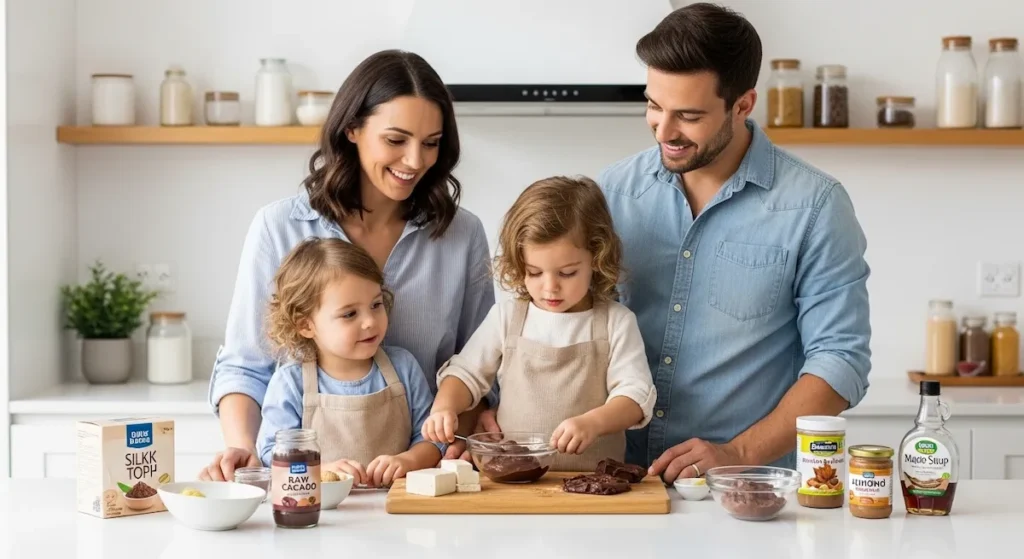 Beautiful couple with two children preparing guilt free chocolate mousse in modern kitchen with ingredients arranged on counter