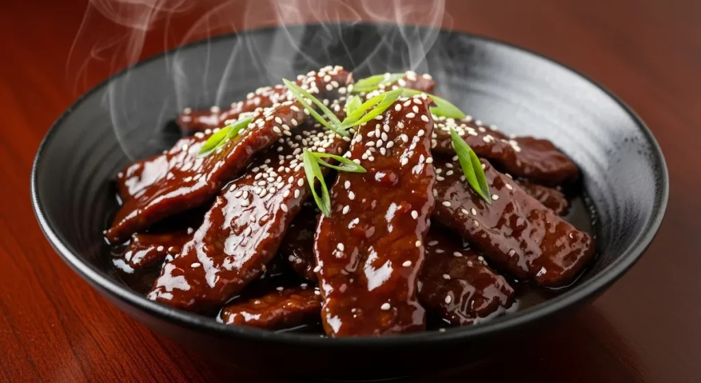 Close-up of glossy Mongolian beef in a dark ceramic bowl with steam rising and sesame seeds scattered on top.