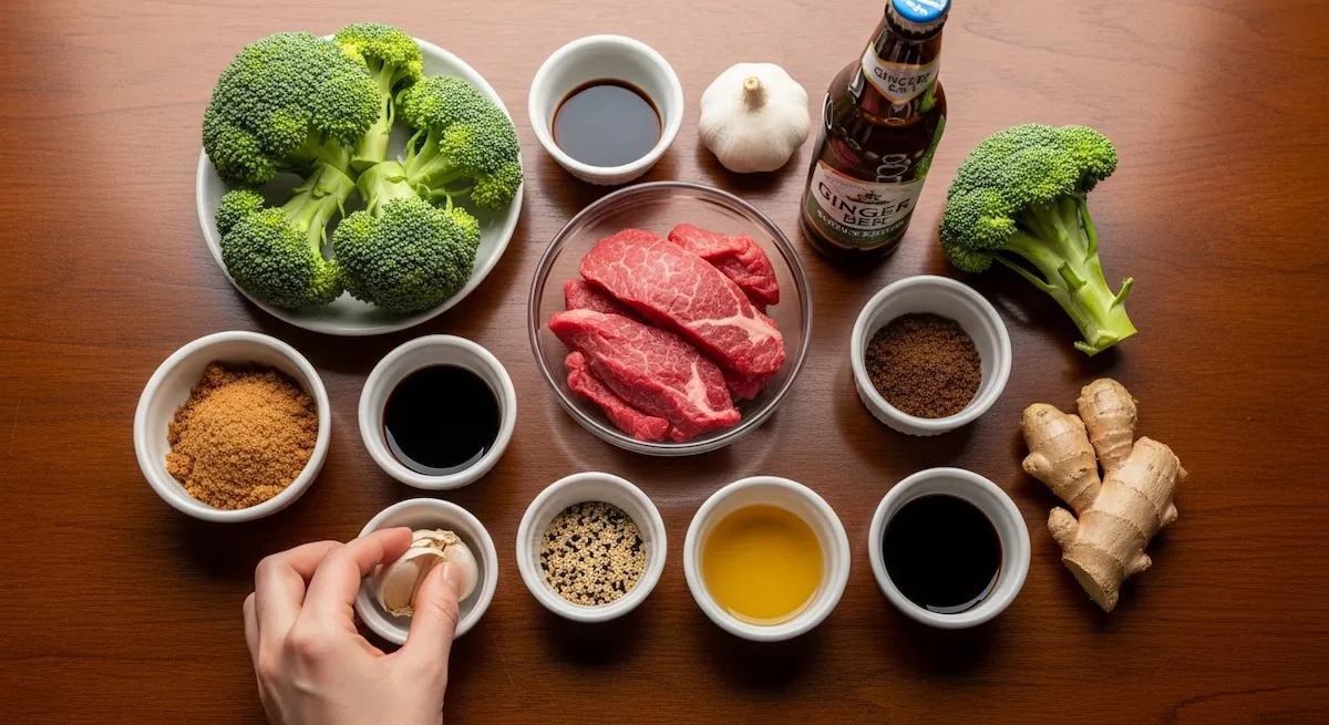 All ingredients for Beef and Broccoli arranged in bowls on a dark wood table with a human hand placing a garlic clove.