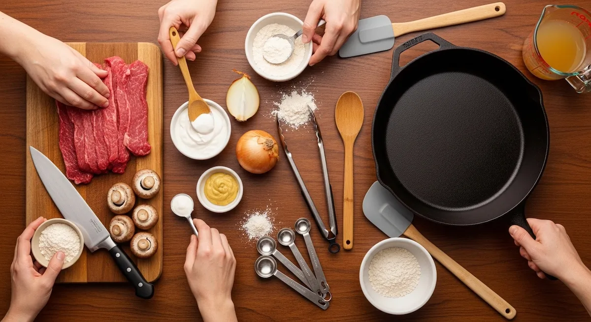 Flat lay overhead composition of beef stroganoff ingredients including raw beef strips, mushrooms, onions, sour cream, mustard, flour, and kitchen equipment with multiple human hands interacting.