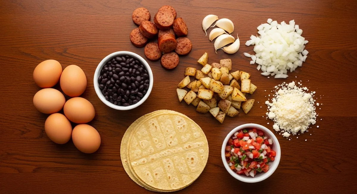 Flat lay of fresh ingredients for homemade breakfast tacos including eggs, black beans, turkey sausage, potatoes, and corn tortillas