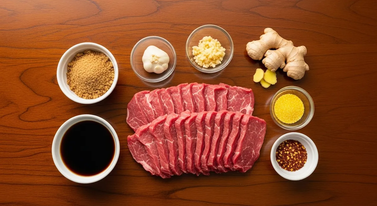 Flat lay of raw Mongolian beef ingredients including flank steak, dark brown sugar, soy sauce, garlic, ginger, and cornstarch.