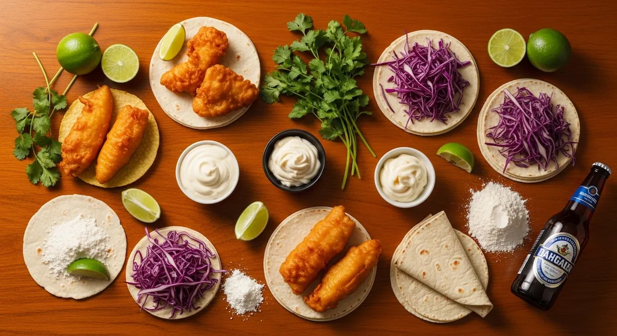Fresh ingredients for Baja fish tacos including cod, limes, corn tortillas, cabbage, and crema