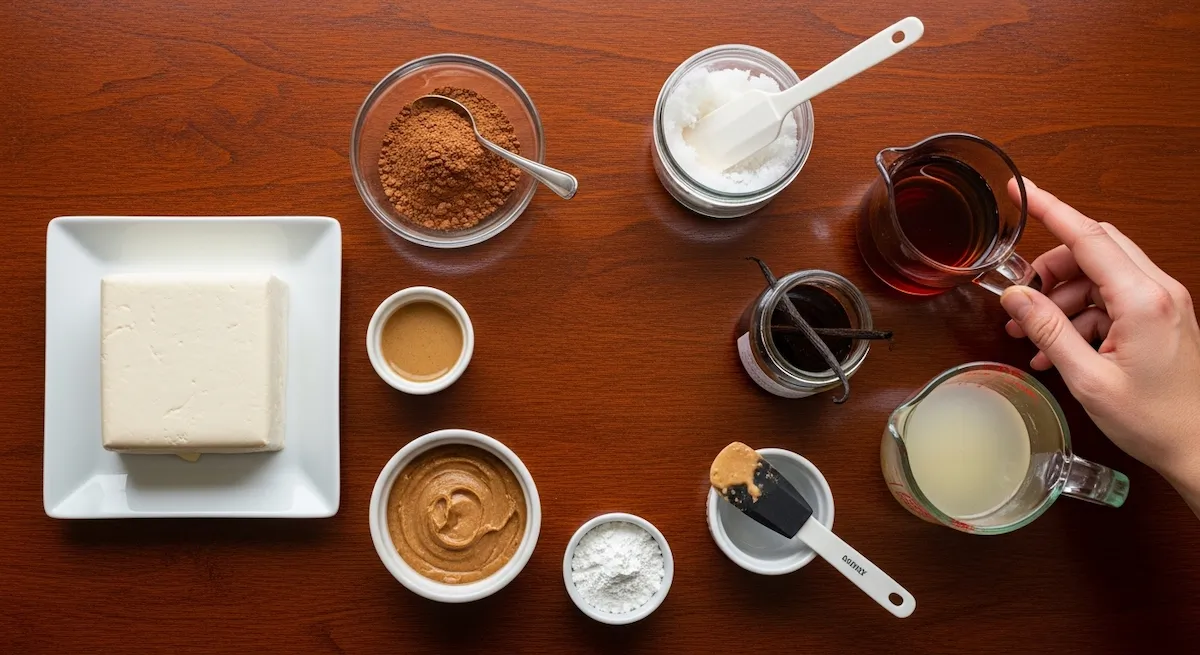 Complete overhead flat lay of all guilt free chocolate mousse ingredients on dark wood table including tofu cacao maple syrup almond butter coconut oil vanilla cornstarch and aquafaba