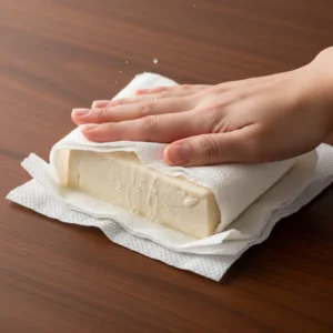 Close up action shot of silken tofu block wrapped in paper towels on dark wood table, human hand pressing down, water droplets visible being absorbed