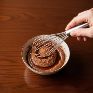 Close up whisking action in small bowl on dark wood table, cacao powder and warm maple syrup being whisked into smooth paste, human hand holding whisk