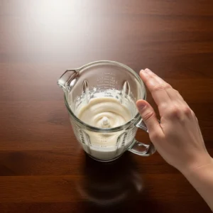 Blender in action on dark wood table, glass jar showing chocolate mixture spinning and becoming smooth, human hand touching blender lid lightly