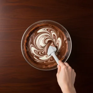 Large bowl on dark wood table containing chocolate mousse base with white aquafaba being folded in using silicone spatula, human hand performing figure-eight motion