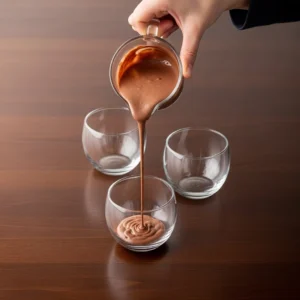 Final pouring action on dark wood table, human hand holding small pitcher of finished chocolate mousse, visible stream flowing into clear glass cup below, two empty cups nearby