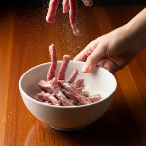 Human hand tossing beef strips with cornstarch in a white ceramic bowl with powder floating in the air