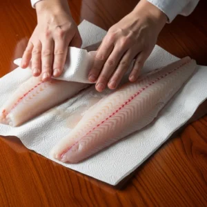 Hands patting fresh cod fillets dry with paper towels to remove moisture