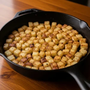 Diced potatoes in single layer inside hot skillet with glistening oil, ready for crispy breakfast tacos
