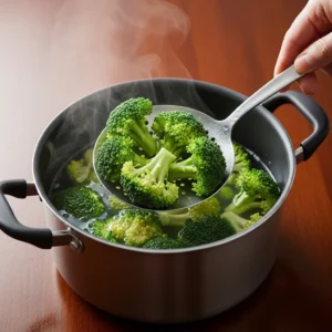 A human hand using a slotted spoon to remove bright green broccoli florets from a pot of boiling water with steam rising.