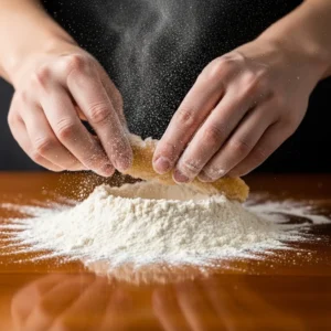 Fish strip being dredged in flour with flour dust suspended in air