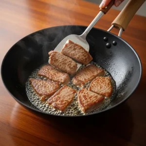 Golden-brown beef slices searing in a wok with a human hand holding a spatula and steam rising
