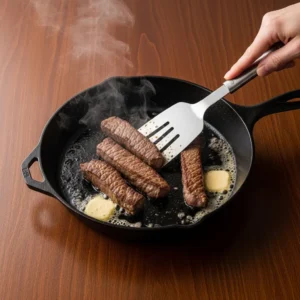 A human hand holding a spatula while beef strips sear in a hot cast iron skillet with brown crust forming and steam rising.